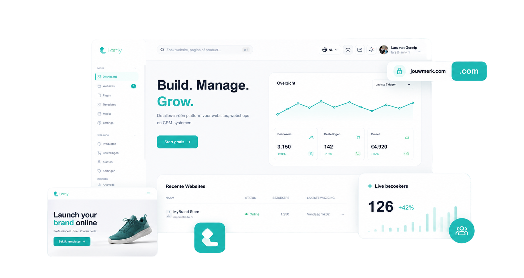 Larrly dashboard, mobiele preview en domeinzoeker